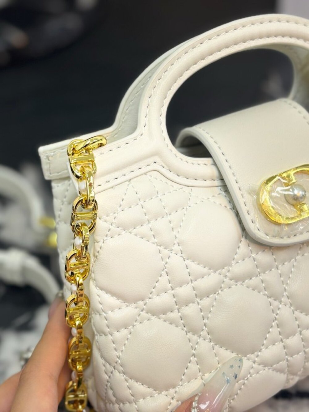 Dior Jolie Mini Top Handle Bag White Cannage Quilted Pearl Chain Crossbody - Picture 6 of 9